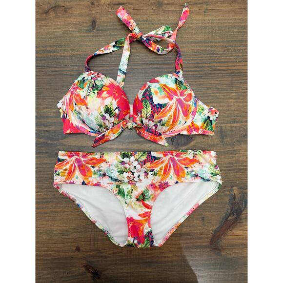 H&M Super Push-up Tropical‎ Bikini Set Top 34A Bottoms Size 2 - Picture 1 of 6
